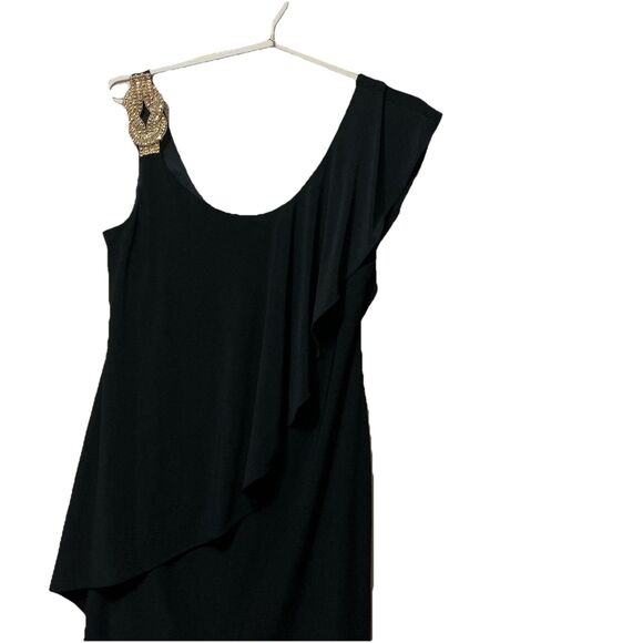 Betsy And Adam Black Mini Dress 10P Chiffon Overlay Sequin Shoulder Strap Lined - Picture 3 of 7